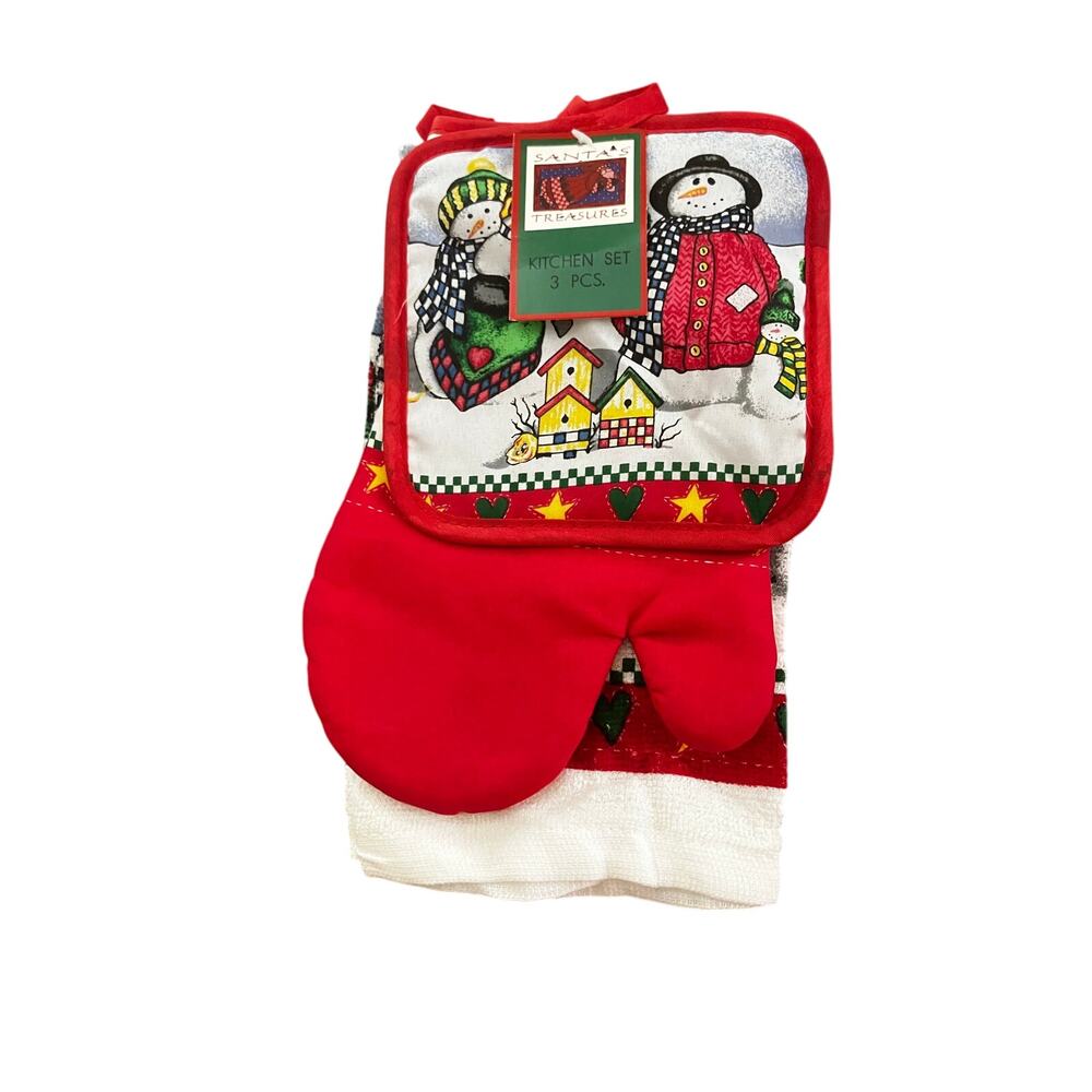 Santa’s Treasures Christmas Kitchen Set 3pc Snowman Oven Mitt Towel Pot Holder
